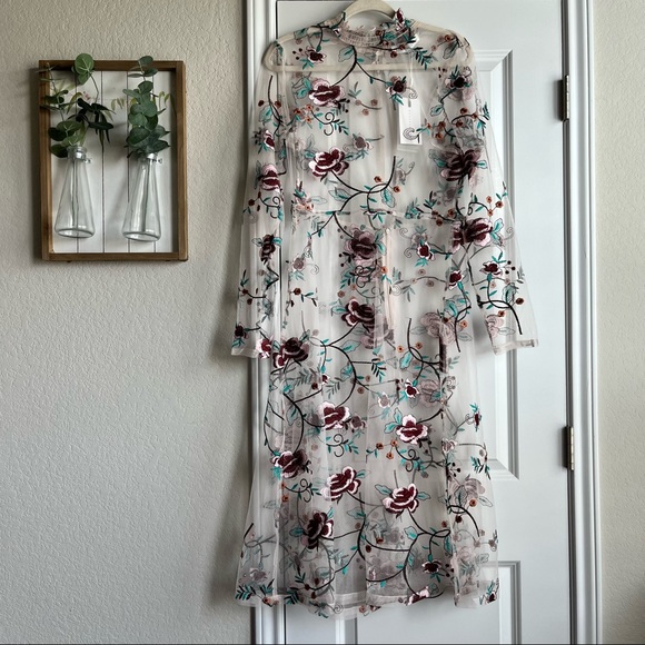 Endless Rose sheer embroidered floral midi mockneck long sleeve dress - Picture 1 of 11